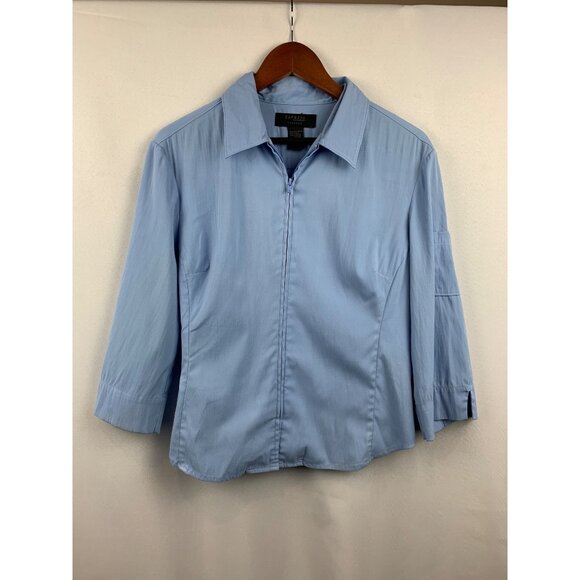 Express Womens Stretch 3/4 Sleeve Blue Zip-Up Collared Shirt - Picture 1 of 5